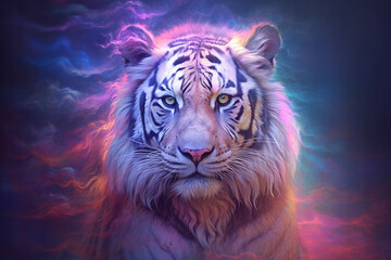 Wall Mural - A pastel-colored Tiger with a majestic mane, rendered in soft hues of pink, purple, and blue, exuding a serene and regal presence. Generative AI technology.