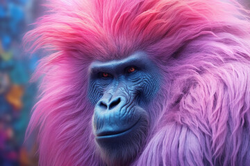 Poster - A pastel-colored Gorilla with a majestic mane, rendered in soft hues of pink, purple, and blue, exuding a serene and regal presence. Generative AI technology.