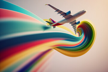 Poster - An abstract airplane soaring through the sky, leaving behind colorful trails that symbolize the joy and excitement of travel. Generative AI technology.