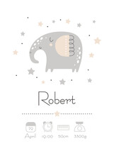Newborn Metric. Poster, Height, Weight, Date Of Birth. Elephant. Vector Illustration