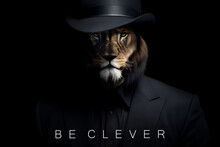 Lion Gangster Suit Motivation Text Business , Mafia Style , Modern Art Animal . Generative Ai