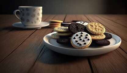 Wall Mural - On a wooden table, cookies sit in white and black saucers. Generative AI