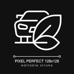 Sticker - Eco friendly vehicle pixel perfect white linear icon for dark theme. Biofuel. Isolated vector illustration. Thin line illustration. Isolated symbol for night mode. Editable stroke. Poppins font used