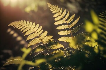 Wall Mural - Image of fern fronds up up and personal in a garden with a blurred backdrop and bright sunshine. Generative AI