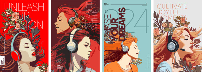 A girl wearing headphones listening to music. Portrait of a happy girl. A set of vector illustrations in the Pop Art style. Typography poster design.