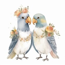 Watercolor Illustration Wedding Bird Parrot Couple Married With Flowers Colorful Isolated On White Background.