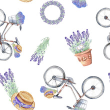 Seamless Patterns  With French   Provence Lavender, Vintage  Floral Elements. Digital Papaer.  Stock Illustration On A White Background. Hand Painted In Watercolor.
