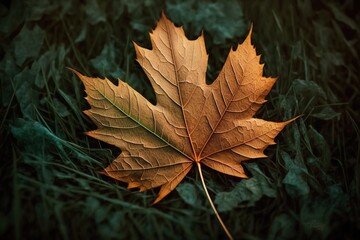 Wall Mural - autumn maple leaf, dried, lying on fresh grass. falling leaves mark the beginning of autumn. a canad