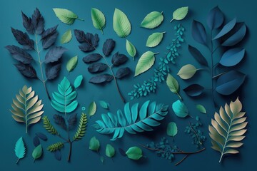 Wall Mural - arranged green leaves against a blue backdrop. generative ai