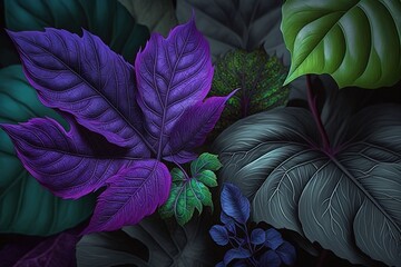 Wall Mural - leaf and purple blossom close up generative ai