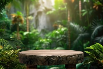 Wall Mural - A flat rock empty table for product display with blur background of tropical jungle. Generative AI AIG30.