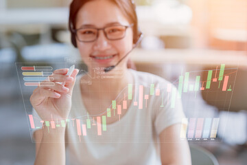 Happy business woman smiling using modern technology holo graphics overlay trade stock chart order.