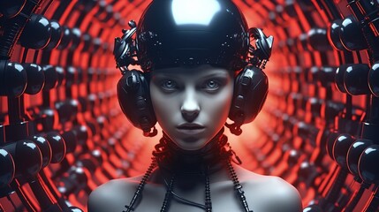 Poster - a woman wearing a helmet and headphones. Generative AI Art.