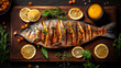 Grilled fish with lemon slices on wooden board and table created using generative AI