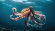 © ADDICTIVE STOCK - Generative AI illustration showing underwater view of giant octopus swimming on the ocean floor among garbage and pollution