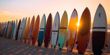 Many Surfboards Aligned On The Beach With Sunset In Background Created Using Generative AI