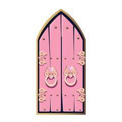 Wall Mural - Fairytale pink door of a beautiful princess. Antique gate with forged ornaments. Cartoon style door with heart shaped pink gemstone decoration. Vector illustration isolated on white background.