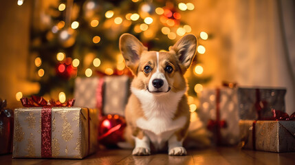 The corgi dog celebrates Christmas at home, in the apartment, against the background of a Christmas tree with boxes of gifts. generated ai.