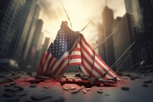 The Fallen American Flag Against The Background Of Destroyed Skyscrapers. The Collapse Of The American Economy, Inflation, Bankruptcy, The Destruction Of The Financial System. Generative AI