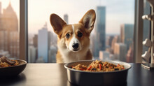 A Dog And A Bowl Of Dry Food In A Modern Apartment, Food, Diet. Corgi Generated Ai.