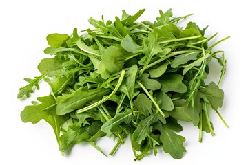 Wall Mural - Nature's Heap of Arugula Leaves Isolated on White Background - Up Close Macro Image. Generative AI