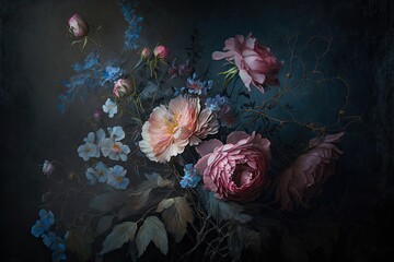 Subtly textured blue and pink pastel painted flowers dark moody background. Generative AI AIG15.