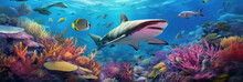Coral Reef Landscape And Tiger Shark. Illustration AI Generative.