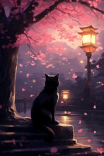 Neon, Cute Black Cat Sitting In Garden Alone And Butterflies In Garden At Night. AI Generative