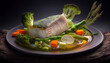 Pike perch fillet with broccoli, carrots, and asparagus, Generative AI