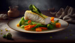 Pike perch fillet with broccoli, carrots, and asparagus, Generative AI