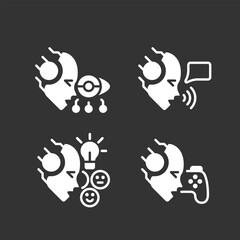 Poster - Artificial intelligence benefits white linear glyph icons set for night mode. AI advantages. Negative space silhouette symbols on dark theme background. Solid pictograms. Vector isolated illustrations