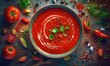  a bowl of tomato soup surrounded by tomatoes, peppers, and other vegetables.  generative ai