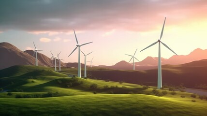  Wind turbines on the green hills against the colorful sunset sky. Production of renewable green energy. Sustainable development concept. Mock up, 3D rendering. Generative AI