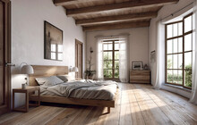 Farmhouse Interior Design Of Modern Bedroom With Hardwood Floor. Created With Generative AI