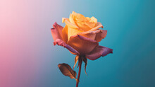 A Beautiful Orange Rose Against Blue Pink Background. Generative AI.