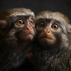 two cute pygmy marmosets close together on a black background. generative ai