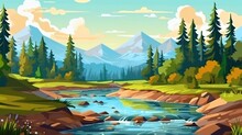 Beautiful Mountain Lake Scenery With Clear Still Water, Mountain Ridge, Dense Forest, Meadow Shores And Tall Pine Trees In The Foreground. Generative Ai.