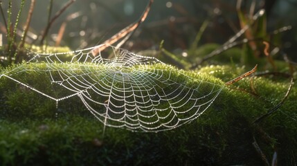  a dew covered spider web sits on a mossy surface.  generative ai