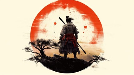 Wall Mural - A Japanese Samurai Warrior in circle with a red sun. japanese samurai. wallpaper. generative ai