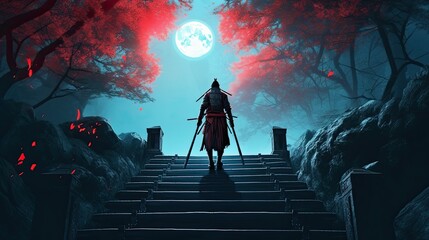 Wall Mural - A samurai standing on stairway in night forest with the moon on background. japanese samurai. Generative ai