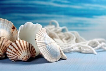 Wall Mural -  a group of seashells sitting on a blue table cloth with a blue background and a white cloth with a blue design in the middle.  generative ai