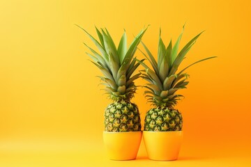  two pineapples are sitting in a yellow planter on a yellow background with a yellow background behind them and a yellow wall behind them.  generative ai