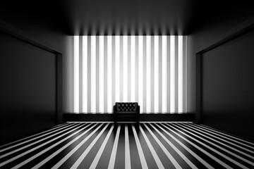 Poster -  a black and white photo of a chair in a room with vertical striped walls and a window with light coming through the blinds on the wall.  generative ai