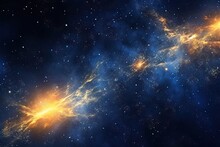  An Image Of A Space Scene With Stars In The Sky And A Bright Yellow Star In The Center Of The Image And A Blue Background With Yellow Stars.  Generative Ai