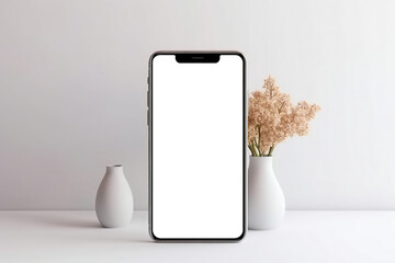 Smartphone mockup, smartphone with blank transparent screen with flower vase aside on table. generative AI. 