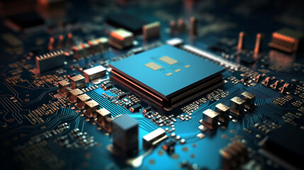 Closeup of computer cell phone micro chips. electronic circuit Motherboard, AI generative