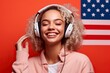 © Road Red Runner - spirit of patriotism as a young woman listens to American patriotic music. AI Generated