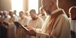 Inspiring Christian priest holds open Bible during powerful homily. AI Generated.