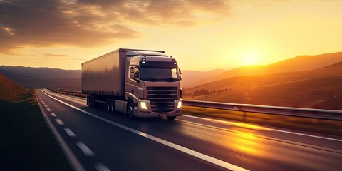 Cargo Truck on the Open Road at Sunset. Trucking Business in Motion