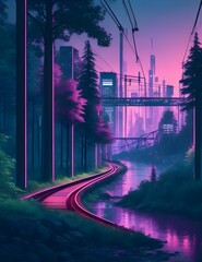 Beautiful neon night in cyberpunk city with forest, river, railway, futuristic city skyscraper illustration. generative AI.